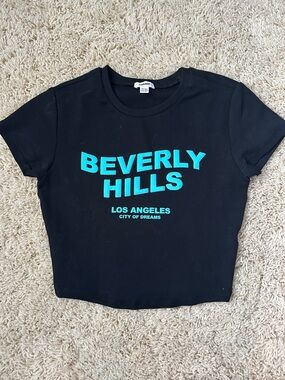 Beverly Hills Graphic Crop Tee - Black with Teal Print Size XS